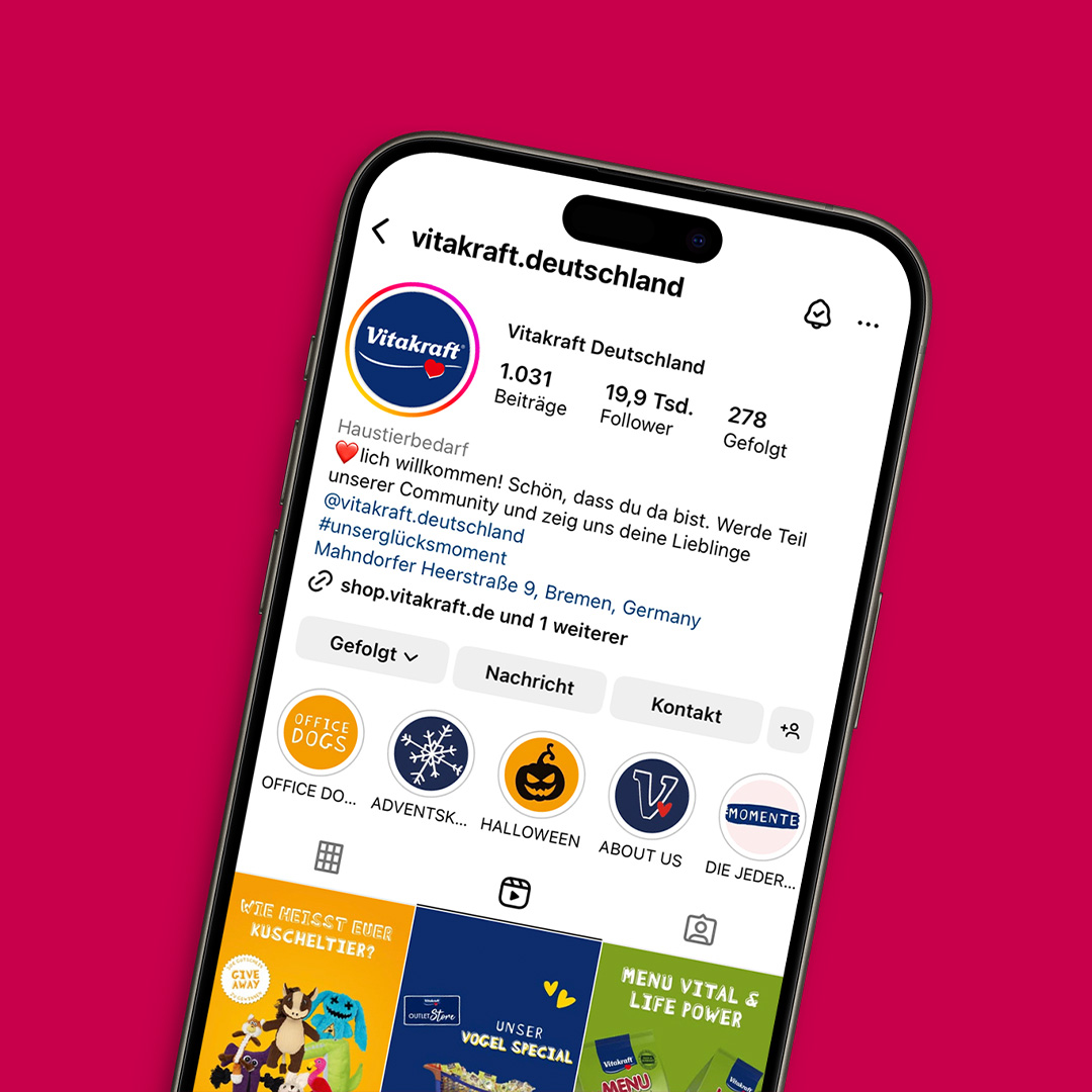 Smartphone Bildschirm mit dem Instagram Channel von unserem Kunden Vitakraft