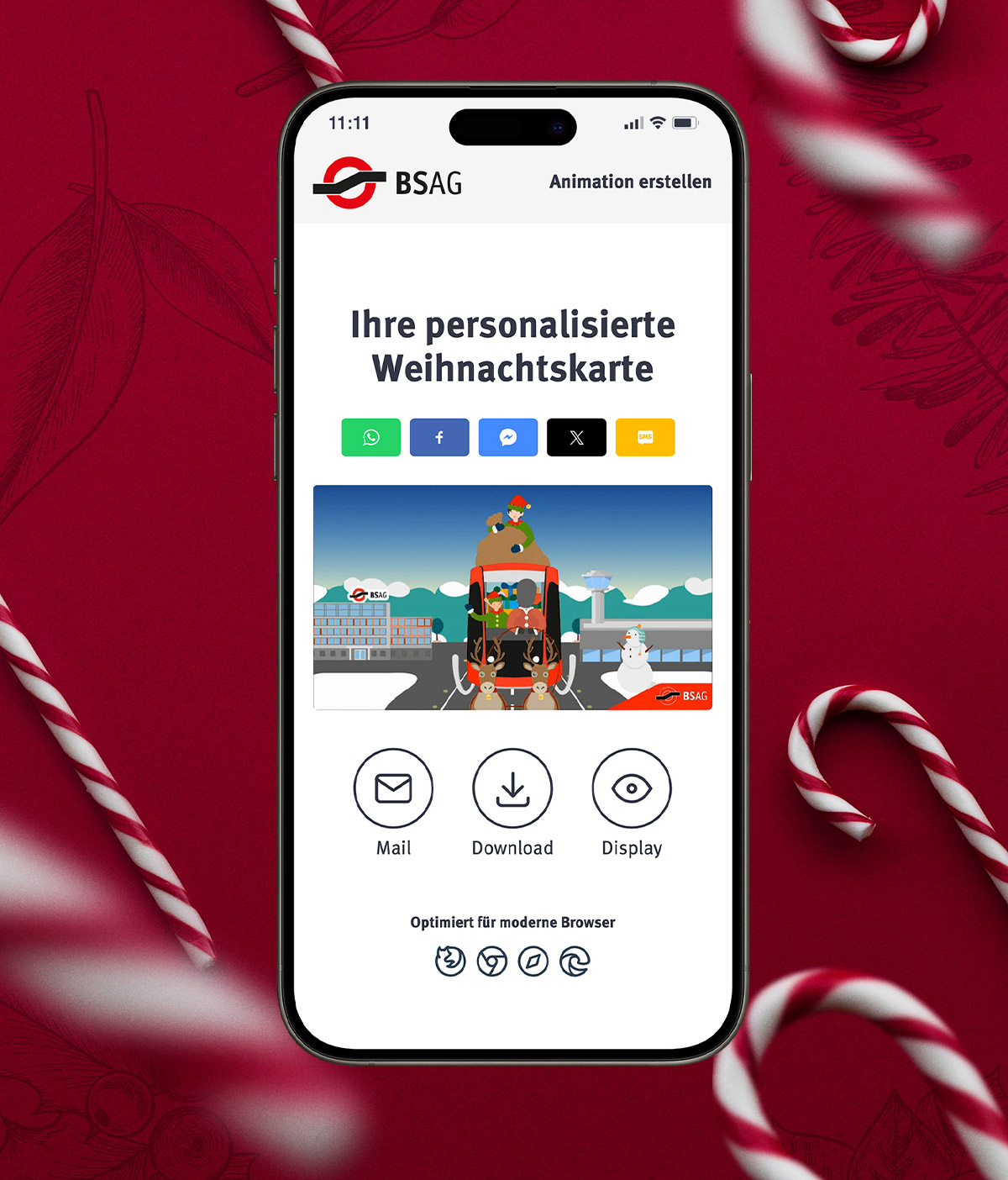 Smartphone auf rotem Hintergrund mit BSAG Website offen