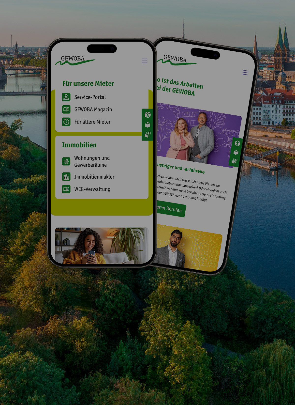2 Smartphones mit der GEWOBA Website und grauem Hover-Effekt